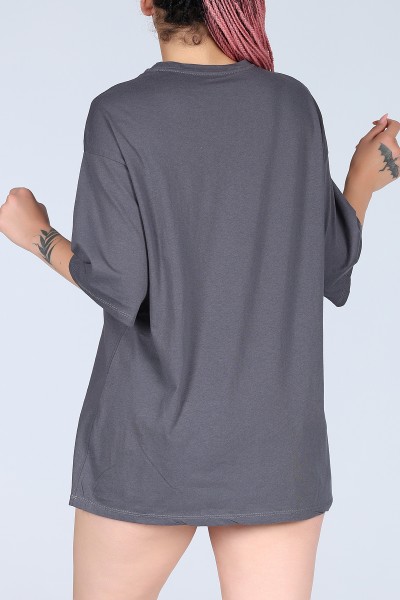 Antrasit Tedy NY Baskılı Oversize Unisex Tişört 11964