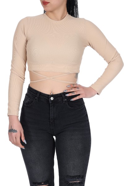 Bej Beli İp Detaylı Crop 10852