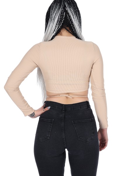 Bej Beli İp Detaylı Crop 10852