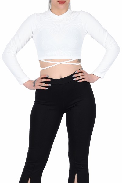 Beyaz Beli İp Detaylı Crop 10854