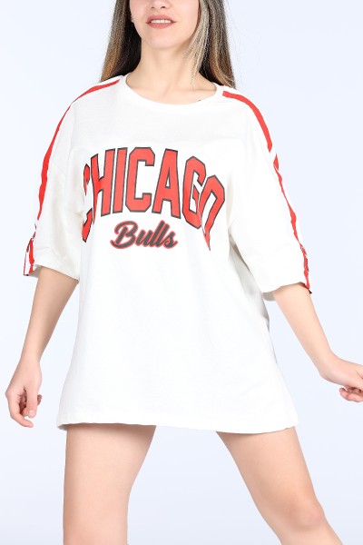 Beyaz Chicago Bulls Yazılı Kol Baskılı Oversize Bayan Tişört 11188