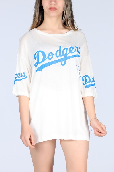 Beyaz Dodgers Ön ve Kol Baskılı Oversize Unisex Tişört 11620