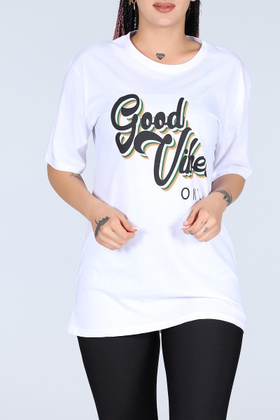 Beyaz Good Vibes Yazılı Bayan Oversize Tişört 12244