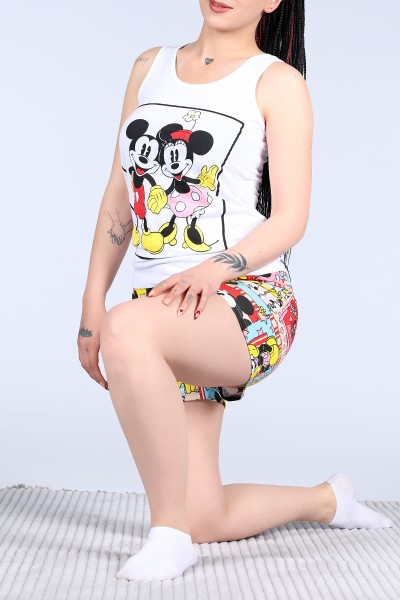 Beyaz Mickey Mouse Desenli Bayan Şortlu Pijama Takımı 11120