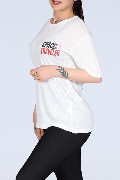 Beyaz Space Traveller Ön Arka Baskılı Oversize Unisex Tişört 11616