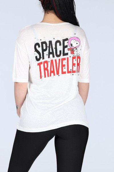 Beyaz Space Traveller Ön Arka Baskılı Oversize Unisex Tişört 11616