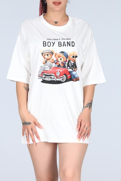 Ekru Tedy Boy Band Baskılı Oversize Unisex Tişört 11960