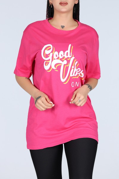 Fuşya Good Vibes Yazılı Bayan Oversize Tişört 12243