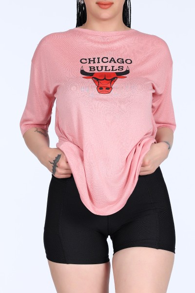 Gül Kurusu Chicago Bulls Baskılı Oversize Bayan Tişört 11150