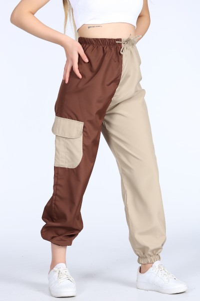 Kahverengi Paraşüt Kumaş Çift Renkli Bayan Kargo Pantolon 11270