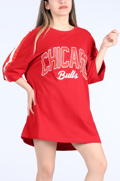 Kırmızı Chicago Bulls Yazılı Kol Baskılı Oversize Bayan Tişört 11186