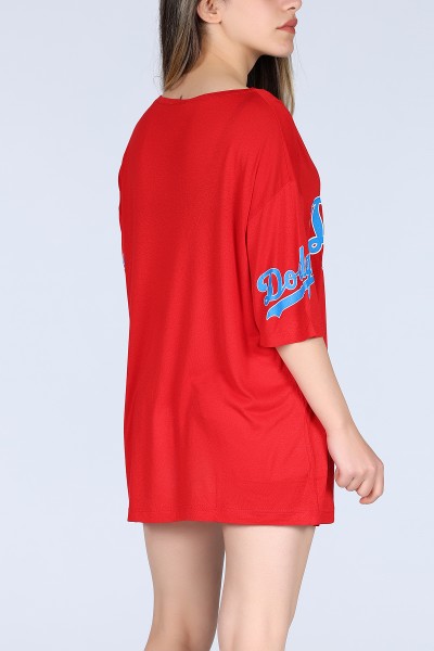 Kırmızı Dodgers Ön ve Kol Baskılı Oversize Unisex Tişört 11618