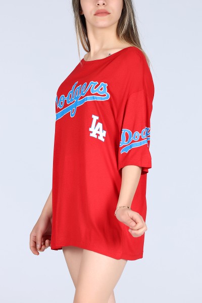 Kırmızı Dodgers Ön ve Kol Baskılı Oversize Unisex Tişört 11618