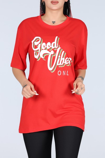 Kırmızı Good Vibes Yazılı Bayan Oversize Tişört 12240