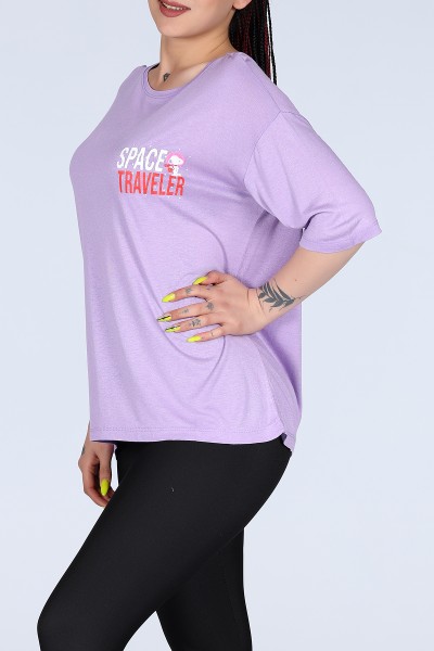 Lila Space Traveller Ön Arka Baskılı Oversize Unisex Tişört 11614