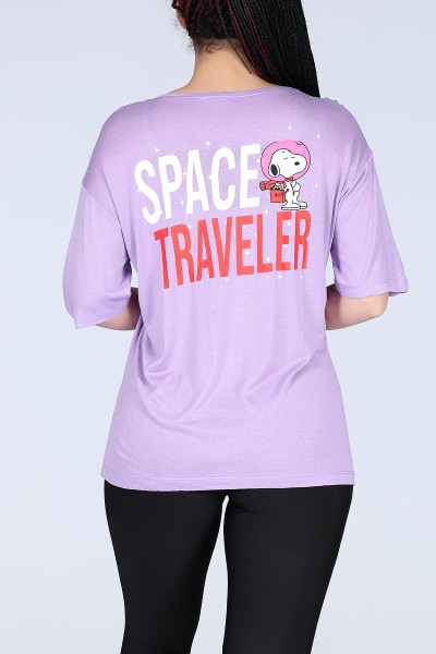 Lila Space Traveller Ön Arka Baskılı Oversize Unisex Tişört 11614