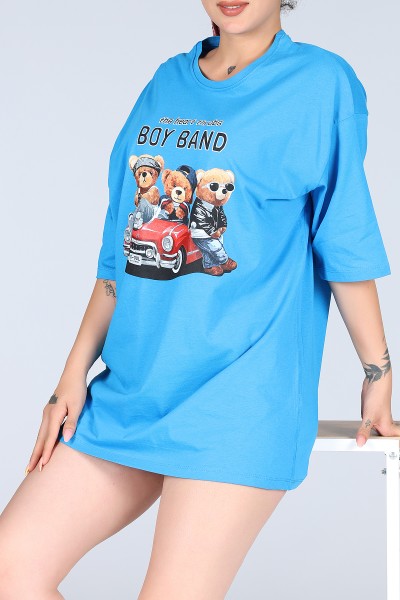 Mavi Tedy Boy Band Baskılı Oversize Unisex Tişört 11956