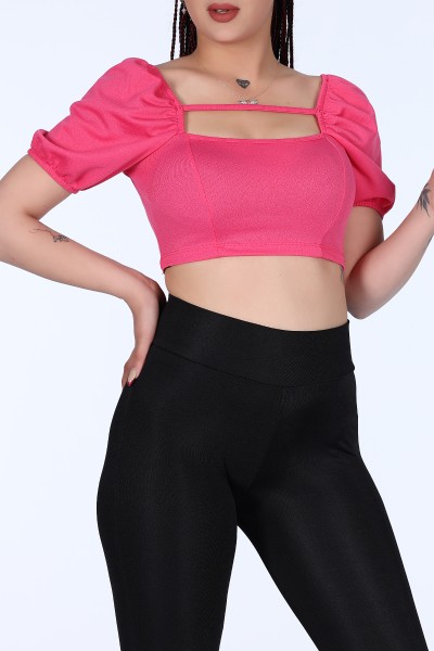 Pembe Crep Biye Detaylı Bayan Crop 11424