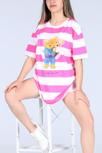 Pembe Tedy Bear Life You Up Baskılı Çizgili Unisex Tişört 11644