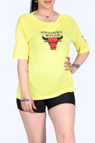 Sarı Chicago Bulls Baskılı Oversize Bayan Tişört 11130