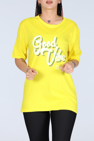 Sarı Good Vibes Yazılı Bayan Oversize Tişört 12241