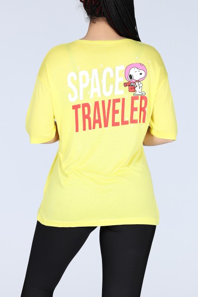Sarı Space Traveller Ön Arka Baskılı Oversize Unisex Tişört 11615