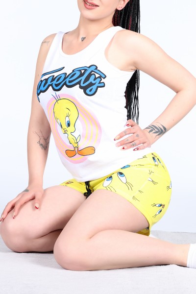 Sarı Tweety Desenli Bayan Şortlu Pijama Takımı 11115