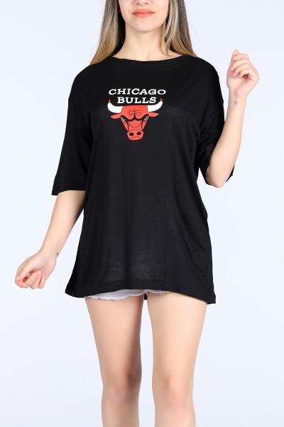 Siyah Chicago Bulls Baskılı Oversize Bayan Tişört 11129