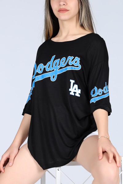 Siyah Dodgers Ön ve Kol Baskılı Oversize Unisex Tişört 11617