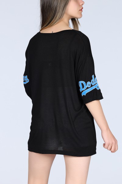 Siyah Dodgers Ön ve Kol Baskılı Oversize Unisex Tişört 11617