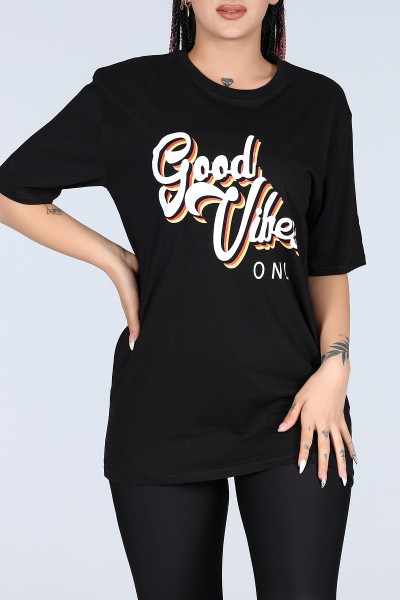 Siyah Good Vibes Yazılı Bayan Oversize Tişört 12238