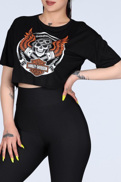 Siyah Harley-Davidson Baskılı Crop 11646