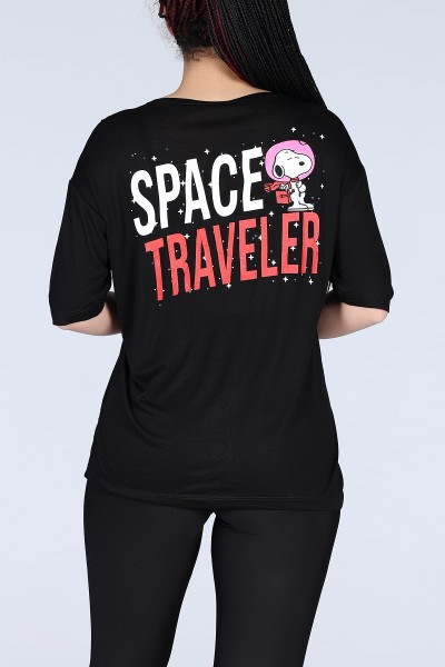 Siyah Space Traveller Ön Arka Baskılı Oversize Unisex Tişört 11612