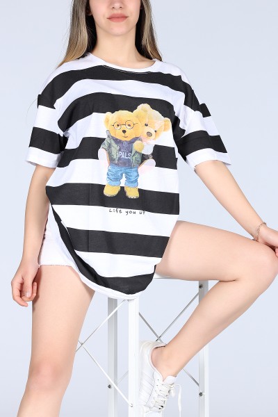 Siyah Tedy Bear Life You Up Baskılı Çizgili Unisex Tişört 11642