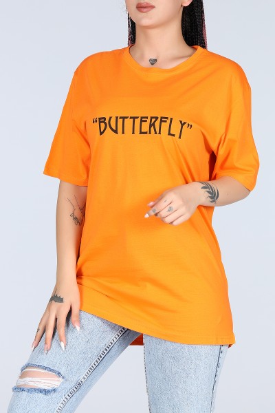 Turuncu Butterfly Yazılı Bayan Oversize Tişört 12234
