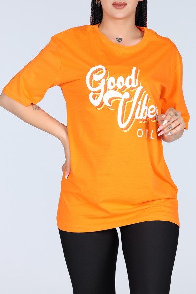 Turuncu Good Vibes Yazılı Bayan Oversize Tişört 12242