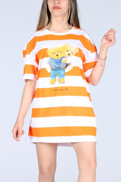 Turuncu Tedy Bear Life You Up Baskılı Çizgili Unisex Tişört 11645