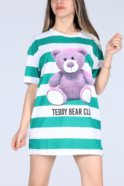 Yeşil Tdy Bear Club Baskılı Çizgili Unisex Tişört 11635